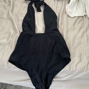 Black one piece halter open back bathing suit Xxl